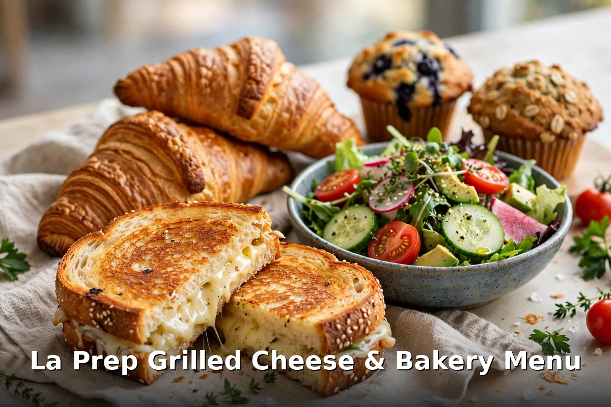 la prep menu prices canada: La Prep grilled cheese sandwich, fresh salad bowl, croissants and muffins