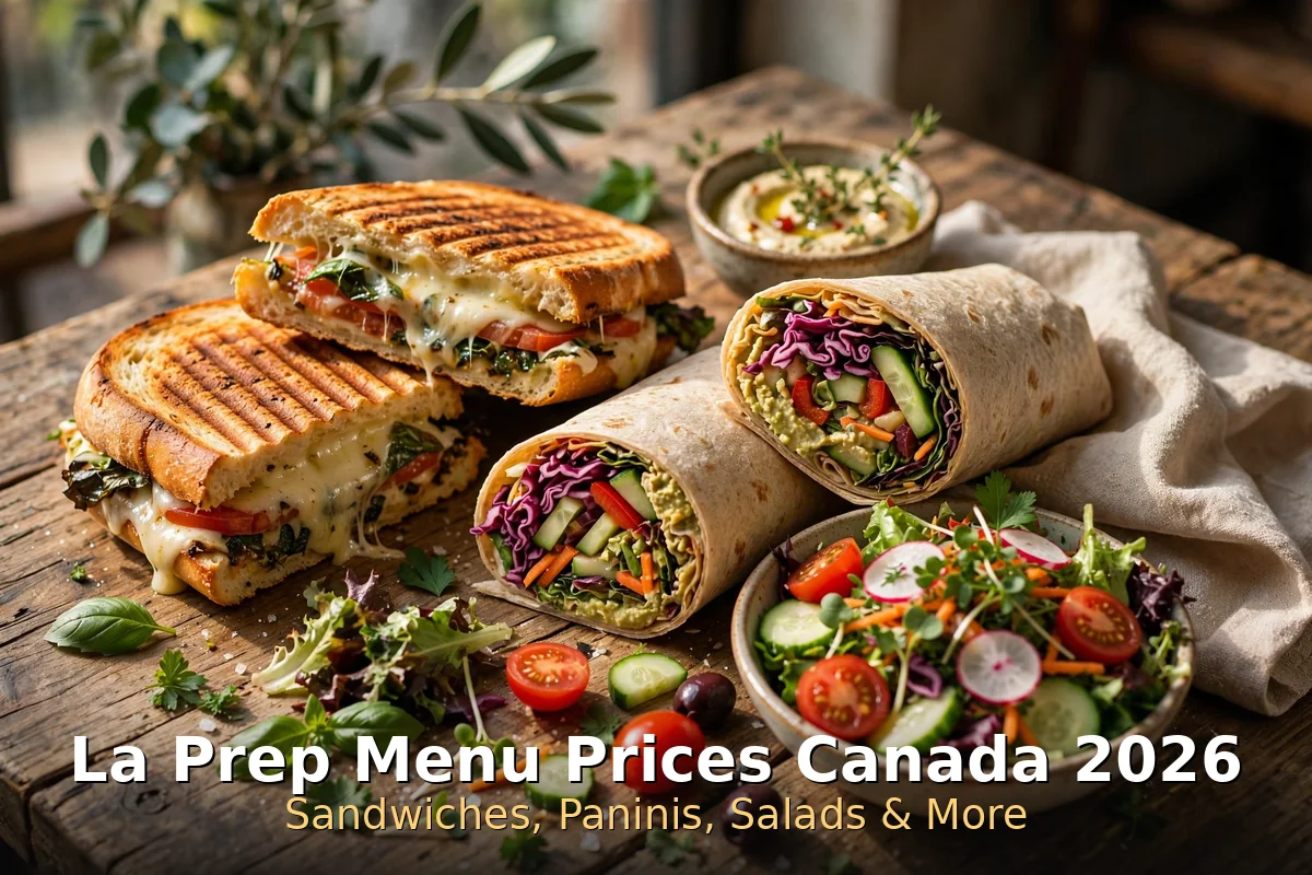 la prep menu prices canada 2026: grilled panini sandwiches with melted cheese, fresh wraps and salad bowl on a cafe table