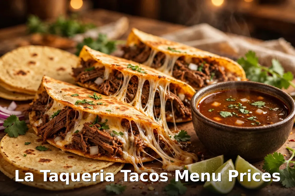 La Taqueria tacos menu prices: quesabirria tacos with cheese pull and birria consomme for dipping