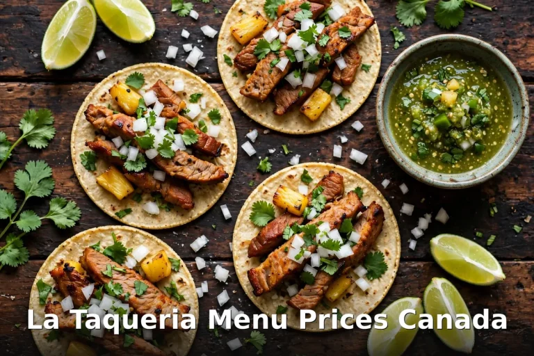 La Taqueria menu prices Canada 2026: al pastor street tacos on corn tortillas with cilantro, onions, lime and salsa verde