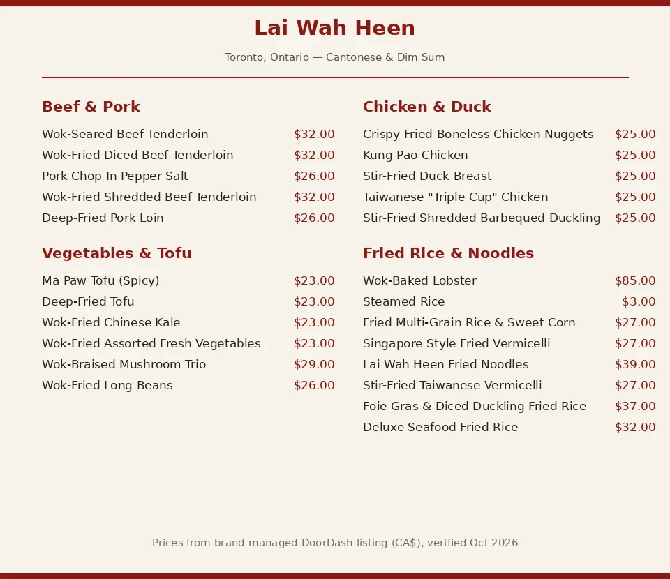 Lai Wah Heen menu prices Canada: current menu card mirroring the official online menu with CAD prices
