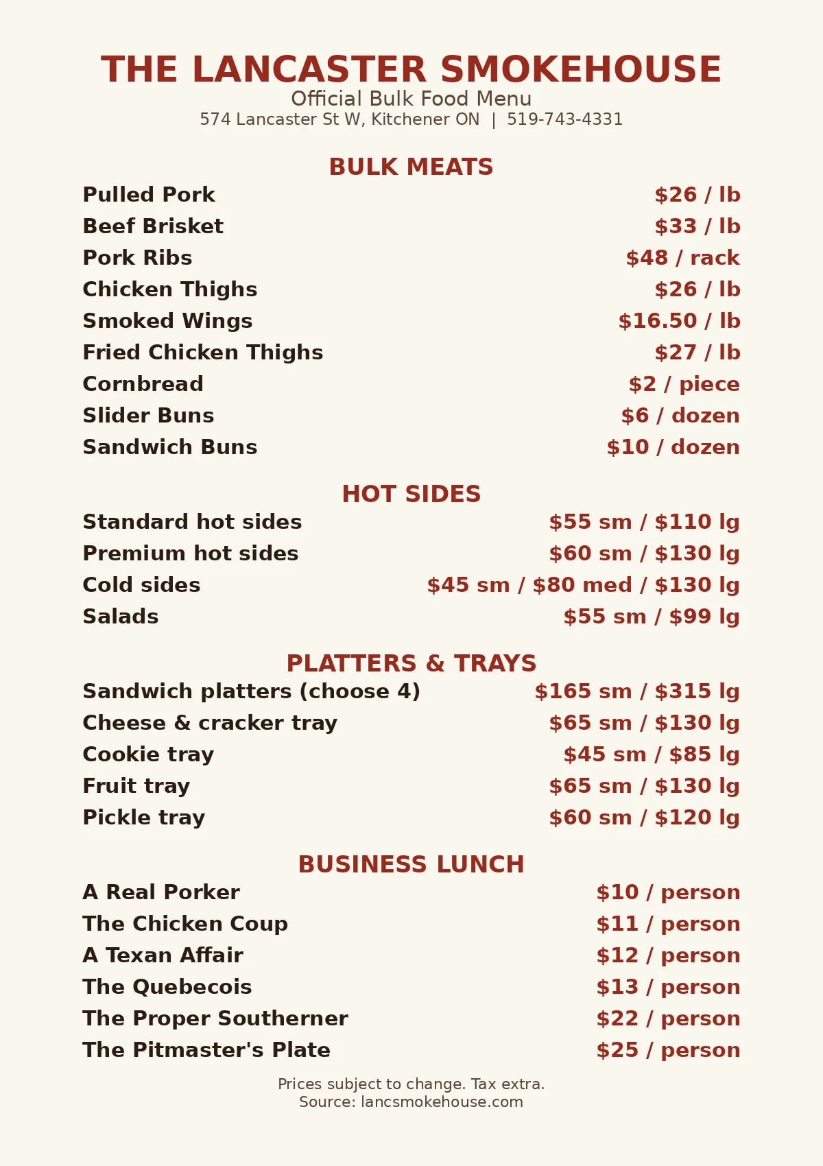 Lancaster Smokehouse menu card Canada 2026: official bulk and catering menu with prices, Lancaster Smokehouse Menu Prices