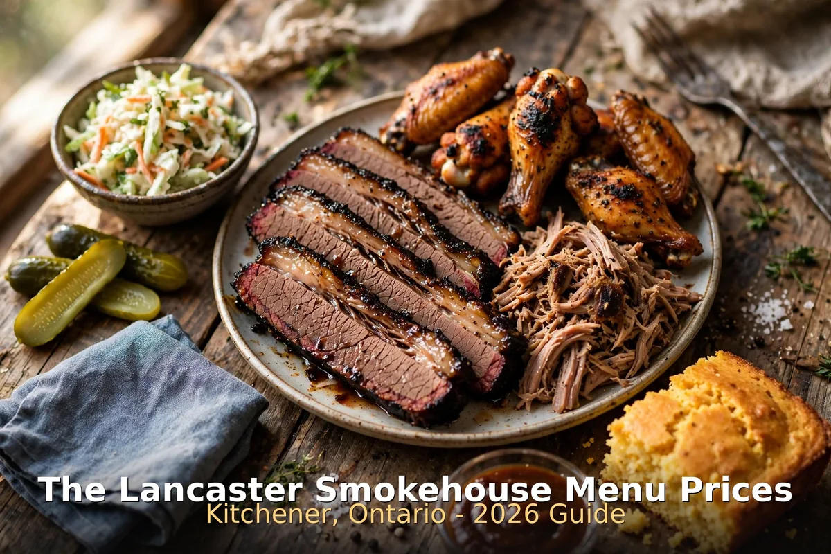 The Lancaster Smokehouse Menu Prices Canada 2026: hickory-smoked brisket, pulled pork and wings platter