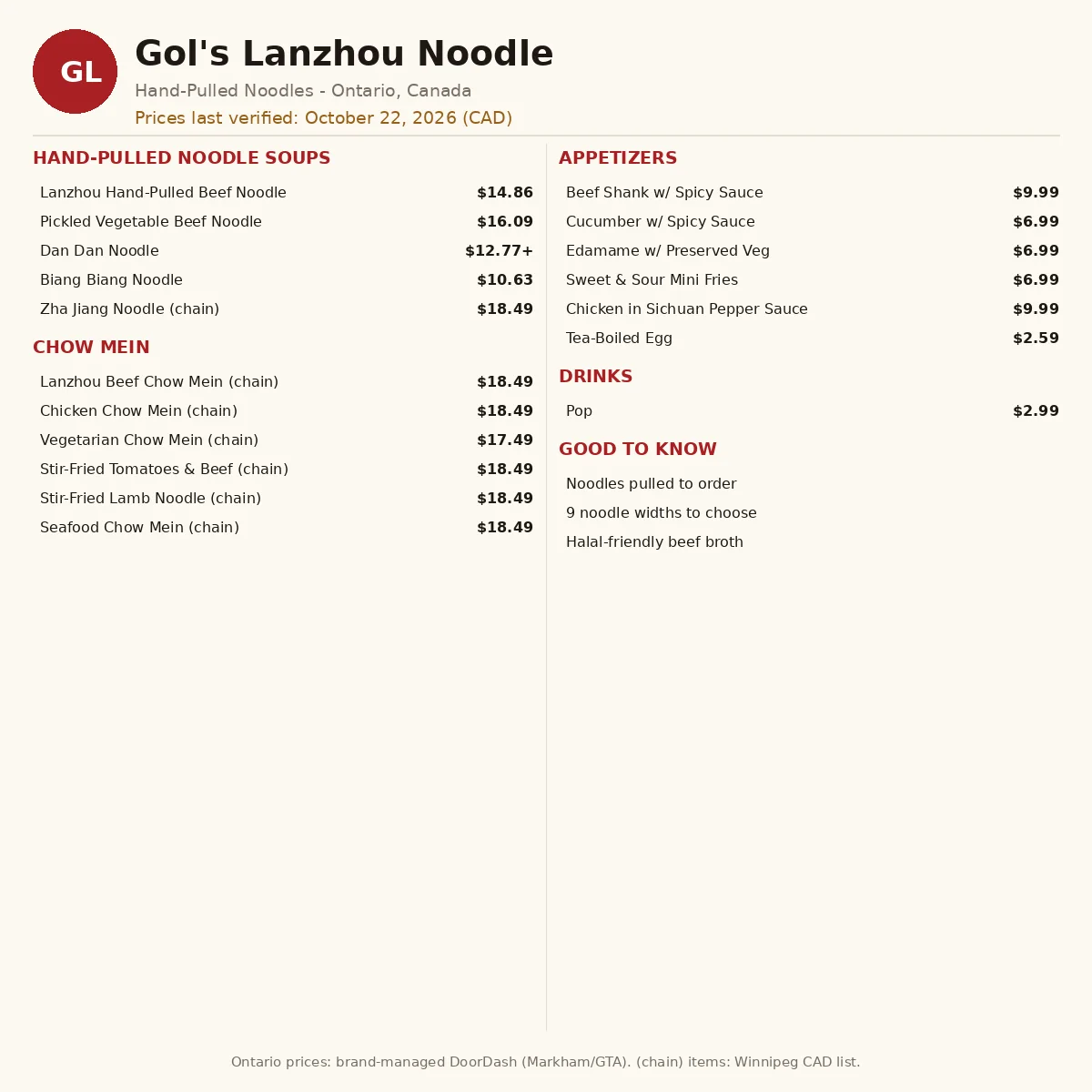Lanzhou Noodle Bar menu prices, current Gol's Lanzhou Noodle menu card with hand-pulled noodle prices in CAD