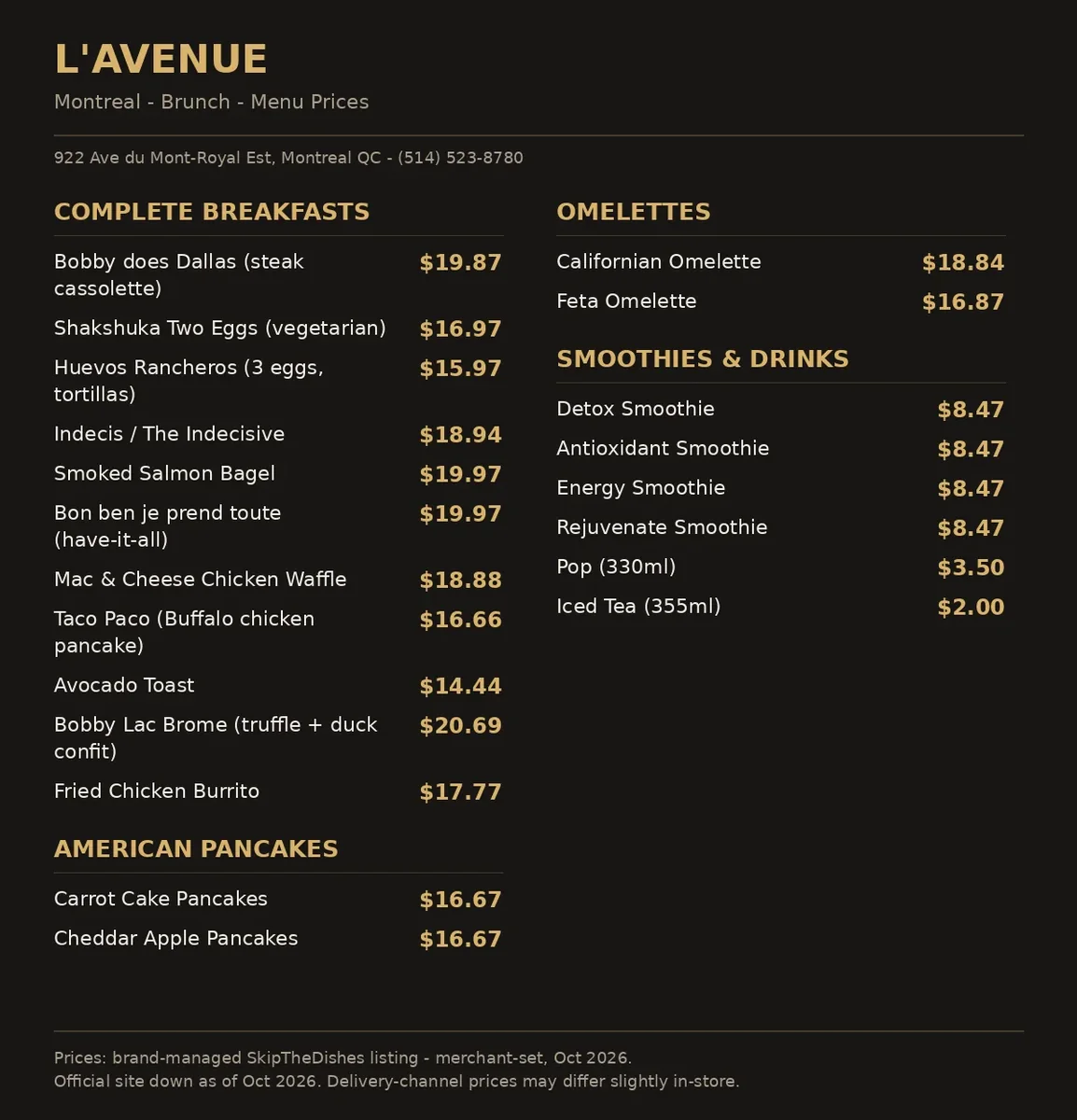 L'Avenue menu prices Canada menu card: full breakfasts, omelettes, pancakes, smoothies and drinks in CAD