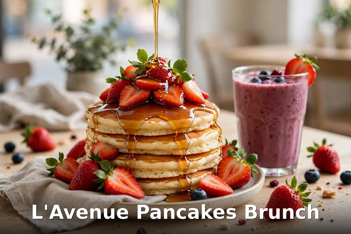 American pancakes with maple syrup and berries at L'Avenue Montreal, lavenue eggs benedict menu prices