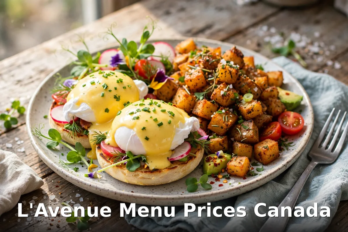 L'Avenue menu prices Canada 2026: eggs benedict and American pancakes brunch spread in Montreal QC