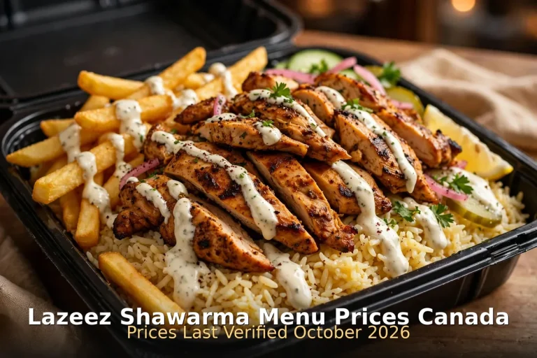 Lazeez Shawarma chicken shawarma over rice and fries with garlic sauce and text overlay, lazeez shawarma menu prices canada 2026