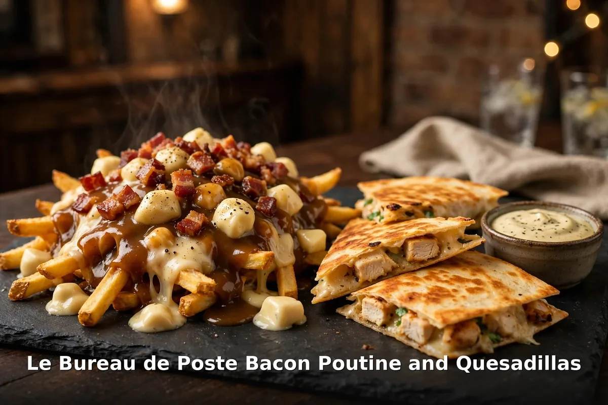 Le Bureau de Poste bacon poutine prices Canada, bacon poutine with cheese curds and chicken quesadillas at the Quebec City bar