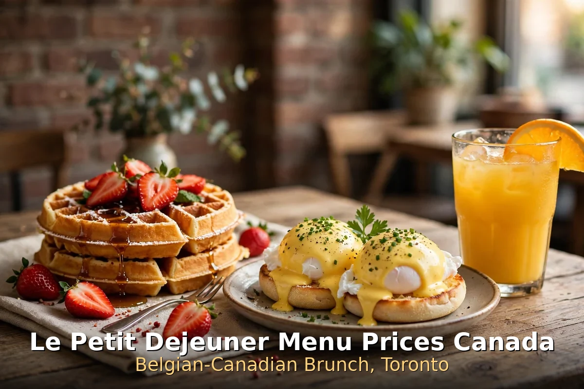 Le Petit Dejeuner Menu Prices Canada - AI-generated Belgian brunch spread with waffles and eggs benedict, le petit dejeuner menu prices