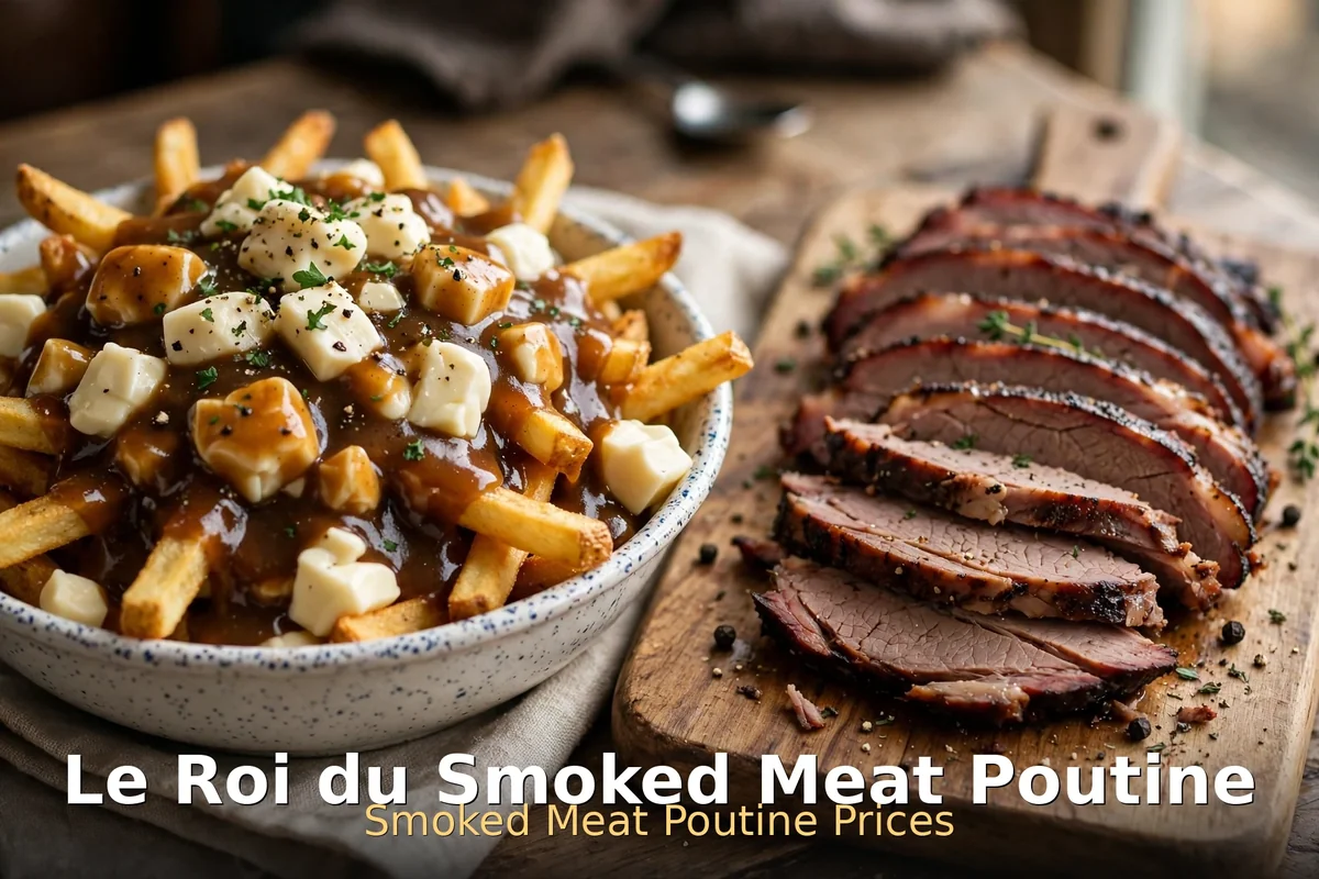 Le Roi du Smoked Meat poutine prices Canada, smoked meat poutine with cheese curds and sliced smoked meat