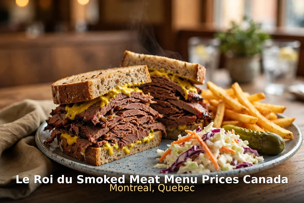Le Roi du Smoked Meat menu prices Canada, Montreal smoked meat sandwich with mustard, fries, coleslaw and pickle