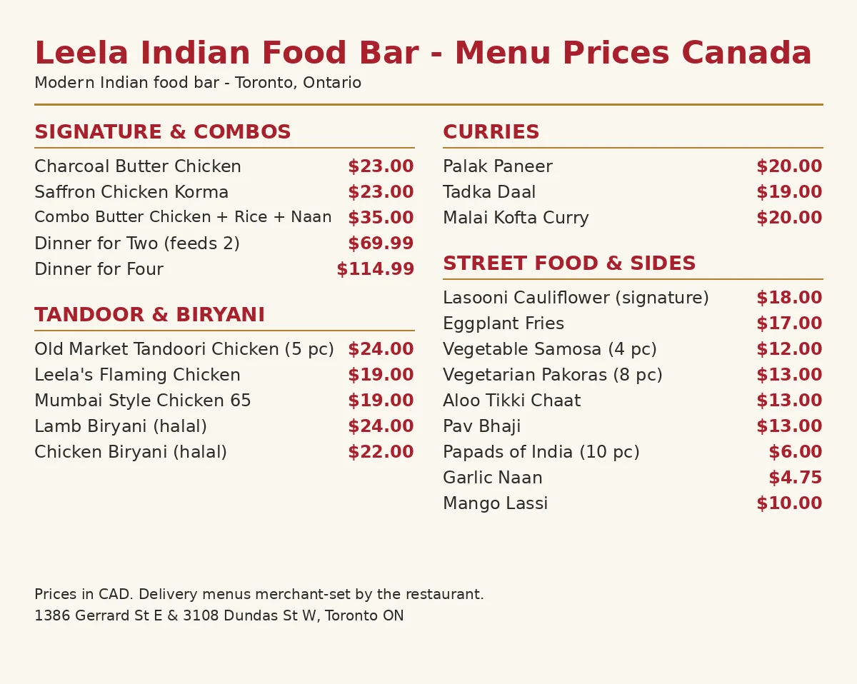 leela indian food bar menu prices, current Leela Indian Food Bar Toronto menu card with butter chicken, biryani, naan and snack prices in CAD