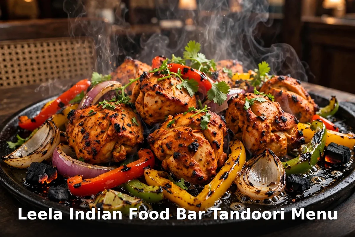 leela indian food bar menu prices, AI-generated tandoori grill platter with chicken tikka and naan, $23.00 CAD