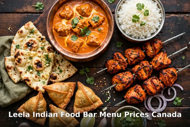 leela indian food bar menu prices Canada 2026: AI-generated Indian food spread, keyword overlay