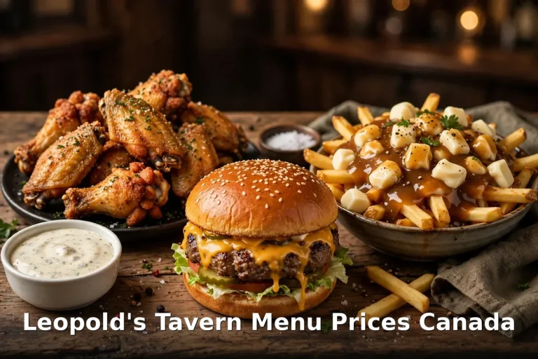Leopold's Tavern menu prices Canada 2026: pub food spread with crispy wings, cheeseburger and loaded poutine
