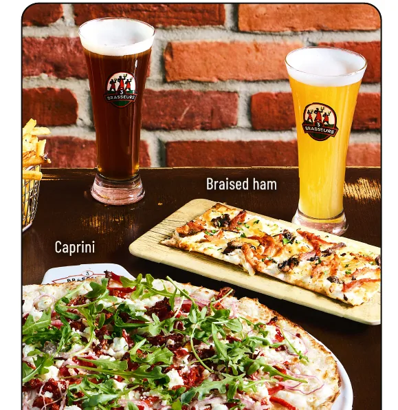 Les 3 Brasseurs flammekueche with house-brewed beer, menu prices Canada