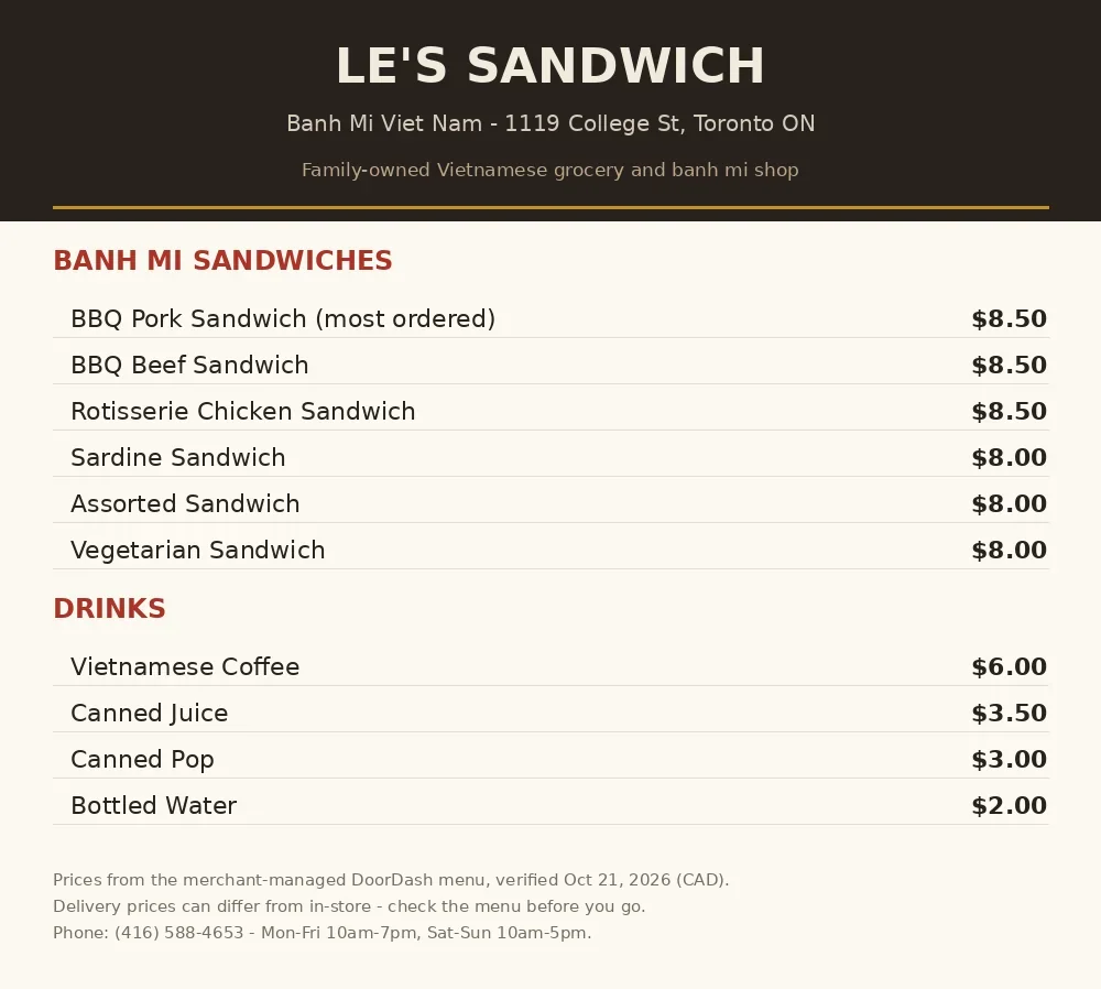 Le's Sandwich menu card Canada 2026: current banh mi sandwich and drink prices in CAD from the merchant-managed delivery menu