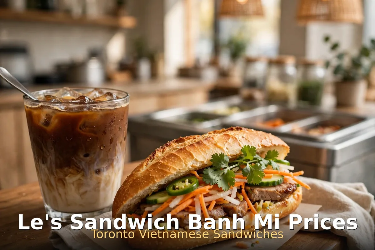 Le's Sandwich BBQ pork banh mi price: grilled pork banh mi with pickled vegetables and iced Vietnamese coffee, le's sandwich banh mi prices toronto