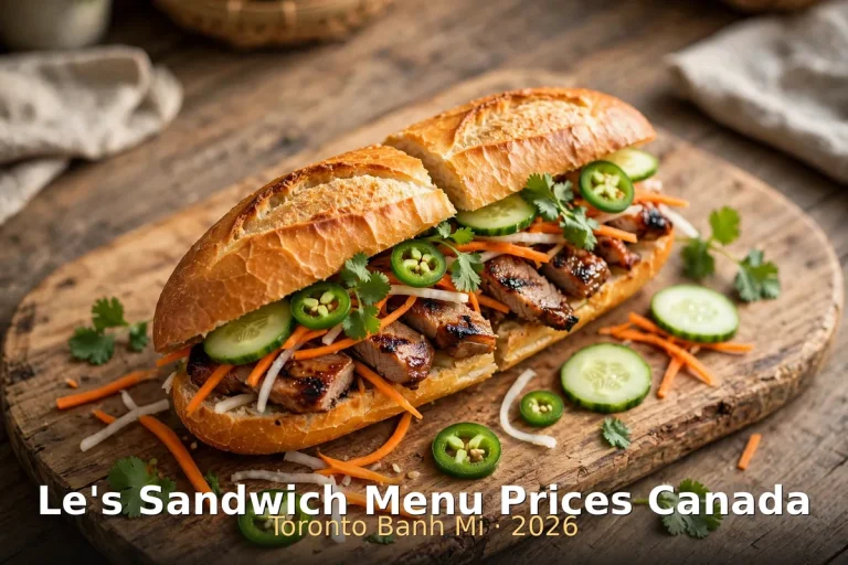 Le's Sandwich menu prices Canada 2026: grilled BBQ pork banh mi with pickled vegetables on a wooden board