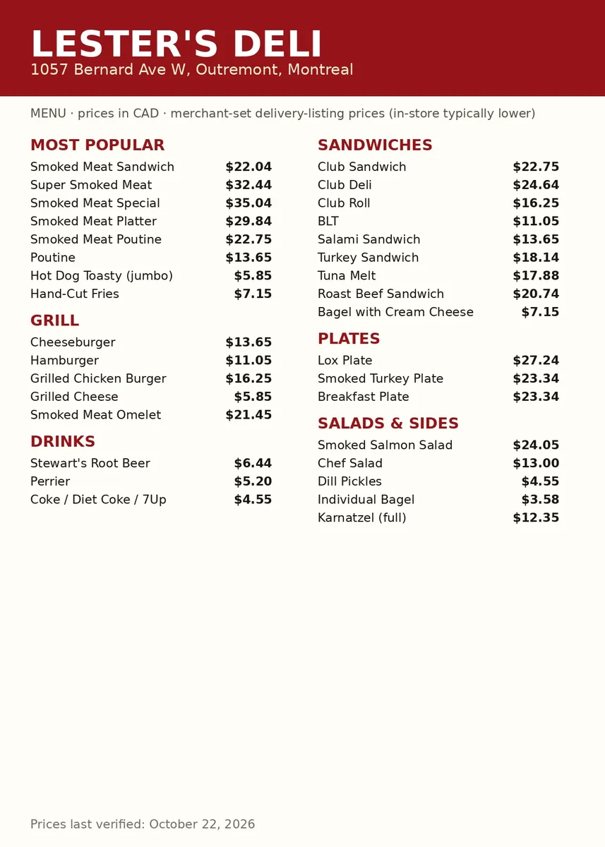 Lester's Deli menu card Canada 2026 showing smoked meat, sandwich, grill and drink prices in CAD