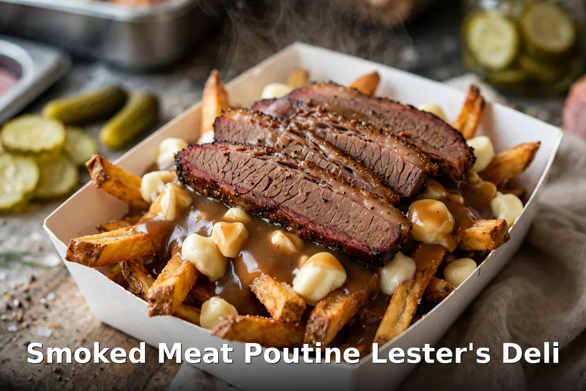 Lester's Deli smoked meat poutine with hand-cut fries, gravy, cheese curds and smoked meat, lester's deli menu prices canada