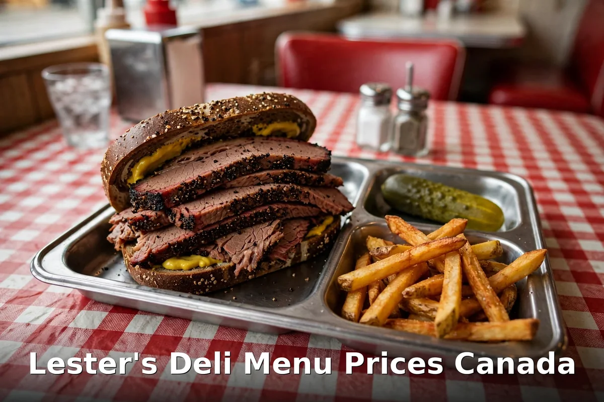 Lester's Deli Montreal smoked meat sandwich on rye with mustard, lester's deli menu prices canada 2026