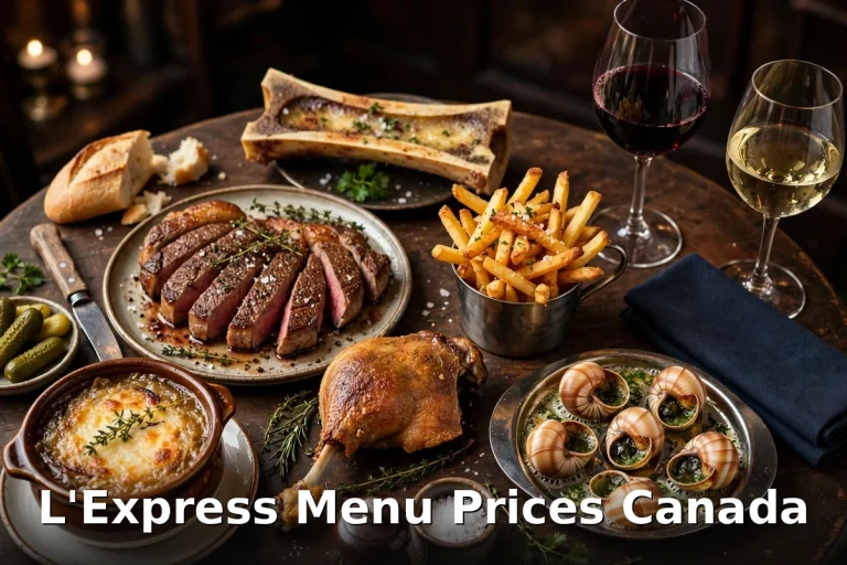 L'Express menu prices Canada 2026 featured: AI-generated French bistro spread photo