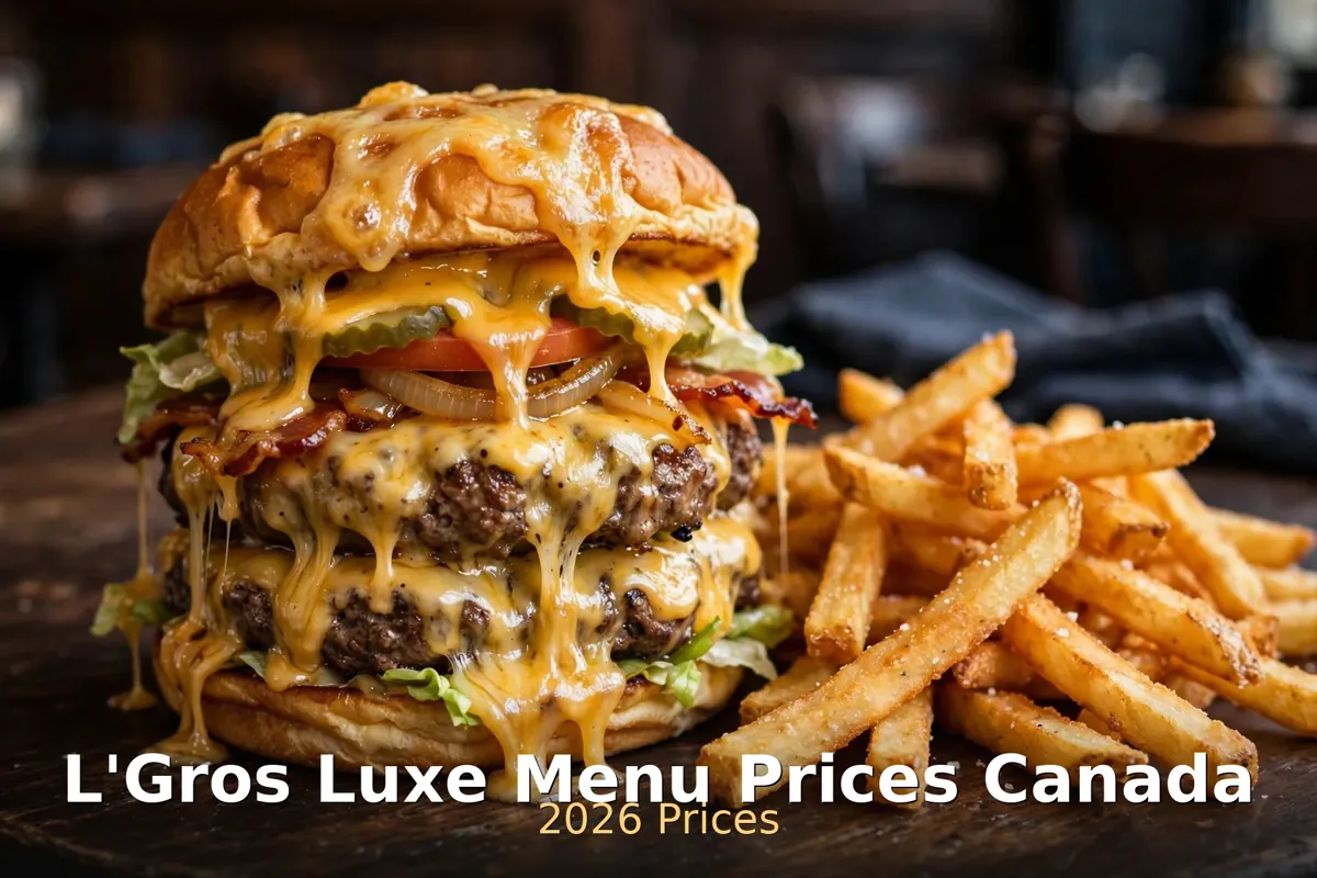 L'Gros Luxe menu prices Canada 2026: AI-generated photo of a loaded cheeseburger with fries and melted cheese