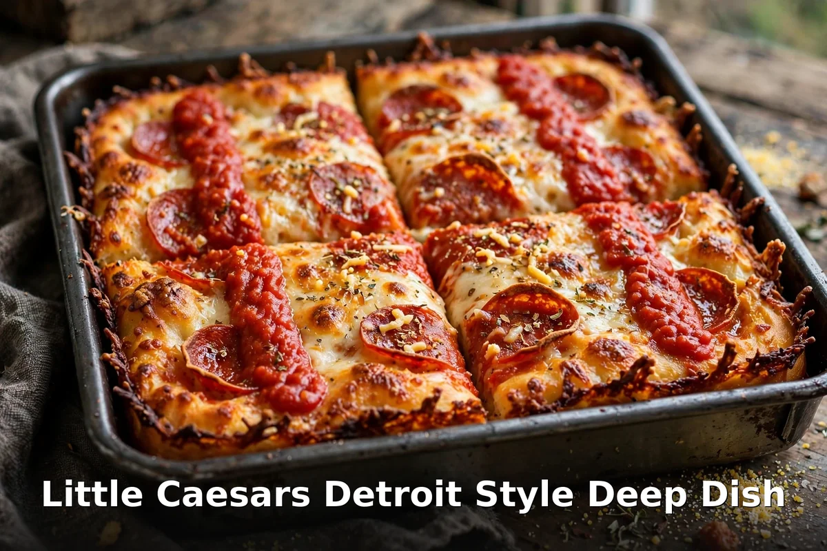 Detroit-Style Deep Dish pizza with pepperoni and sauce stripes, little caesars detroit style deep dish price canada