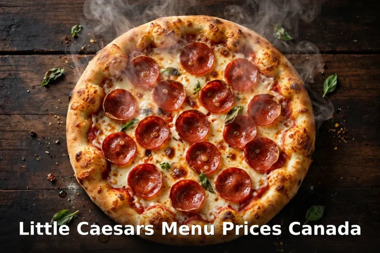 Steaming pepperoni pizza on a dark wooden table, Little Caesars menu prices Canada 2026