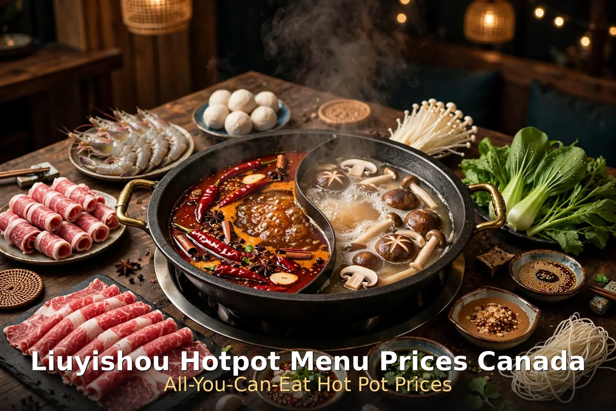 Liuyishou Hotpot menu prices Canada 2026: steaming Chongqing hot pot with sliced beef and spicy broth