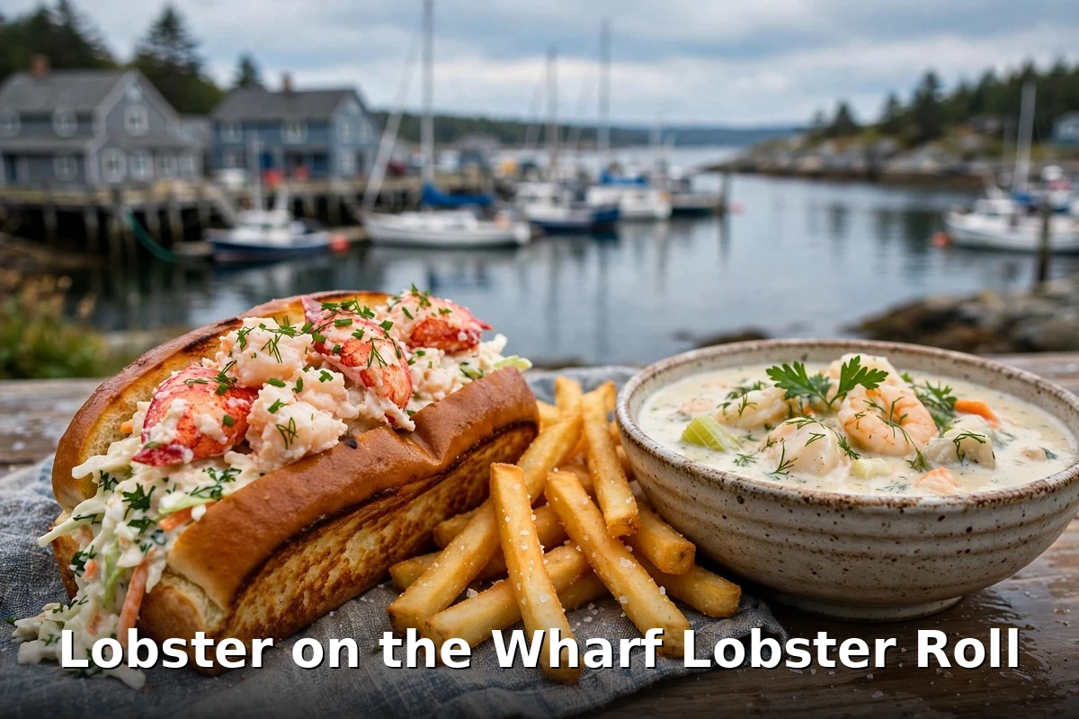 Lobster on the Wharf lobster dinner plate with drawn butter and sides, Lobster on the Wharf lobster roll menu prices Canada