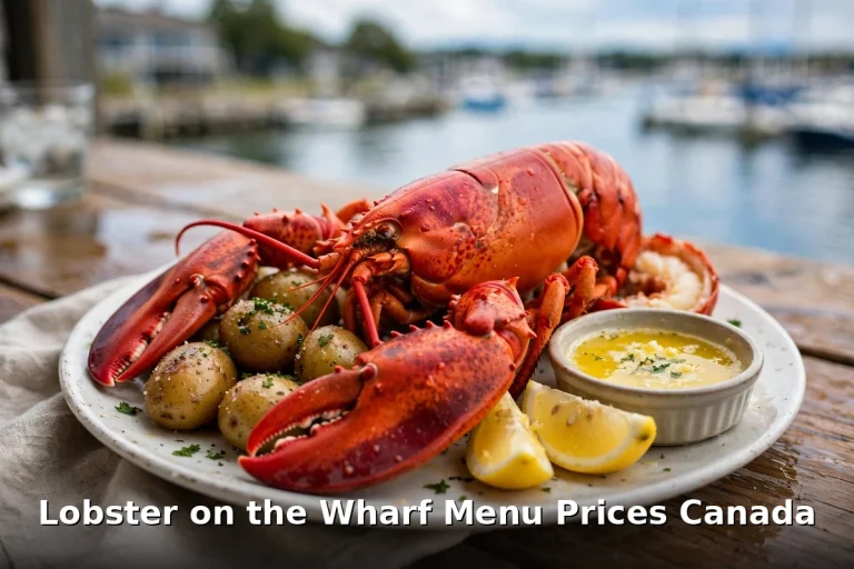 Lobster on the Wharf lobster dinner plate with drawn butter, Lobster on the Wharf menu prices Canada 2026