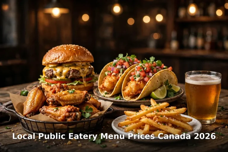 Local Public Eatery menu prices Canada - pub food spread with burger fish tacos wings and beer, local public eatery menu prices canada