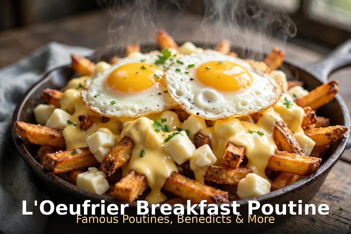 L'Oeufrier menu prices Canada, steaming breakfast poutine with fried eggs at L'Oeufrier Quebec