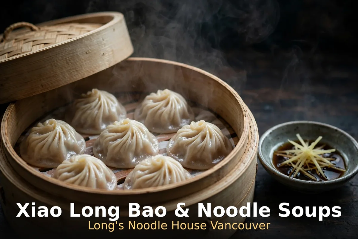 Steaming Xiao Long Bao soup dumplings in a bamboo steamer basket with ginger and vinegar dip, longs noodle house menu prices canada