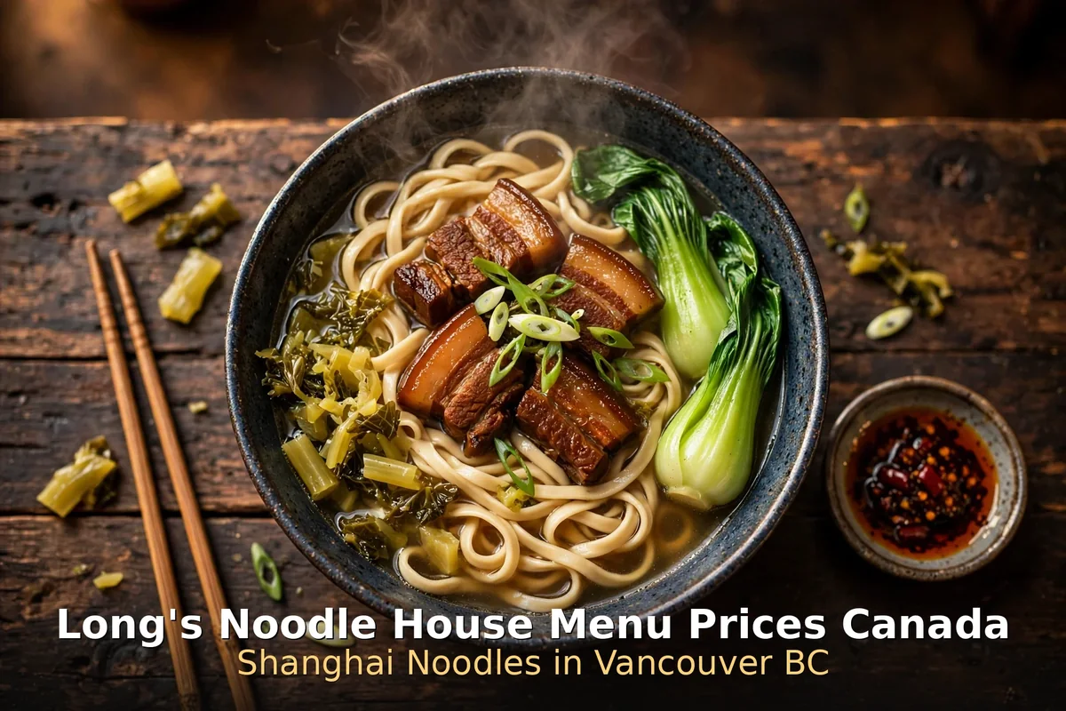 Steaming Shanghainese hand-cut noodle soup bowl with braised pork and bok choy, longs noodle house menu prices canada 2026