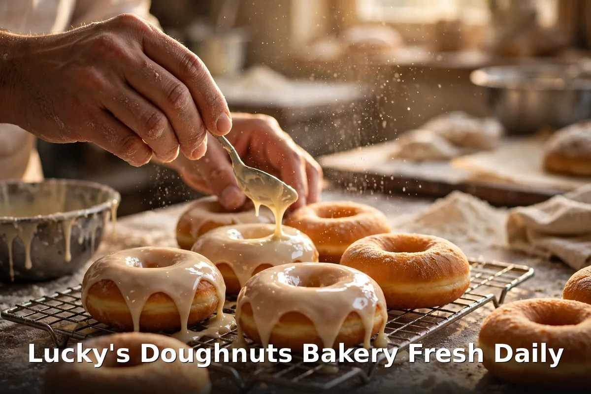 Fresh glazed artisan doughnuts being drizzled in a Vancouver bakery, luckys doughnuts menu prices canada 2026