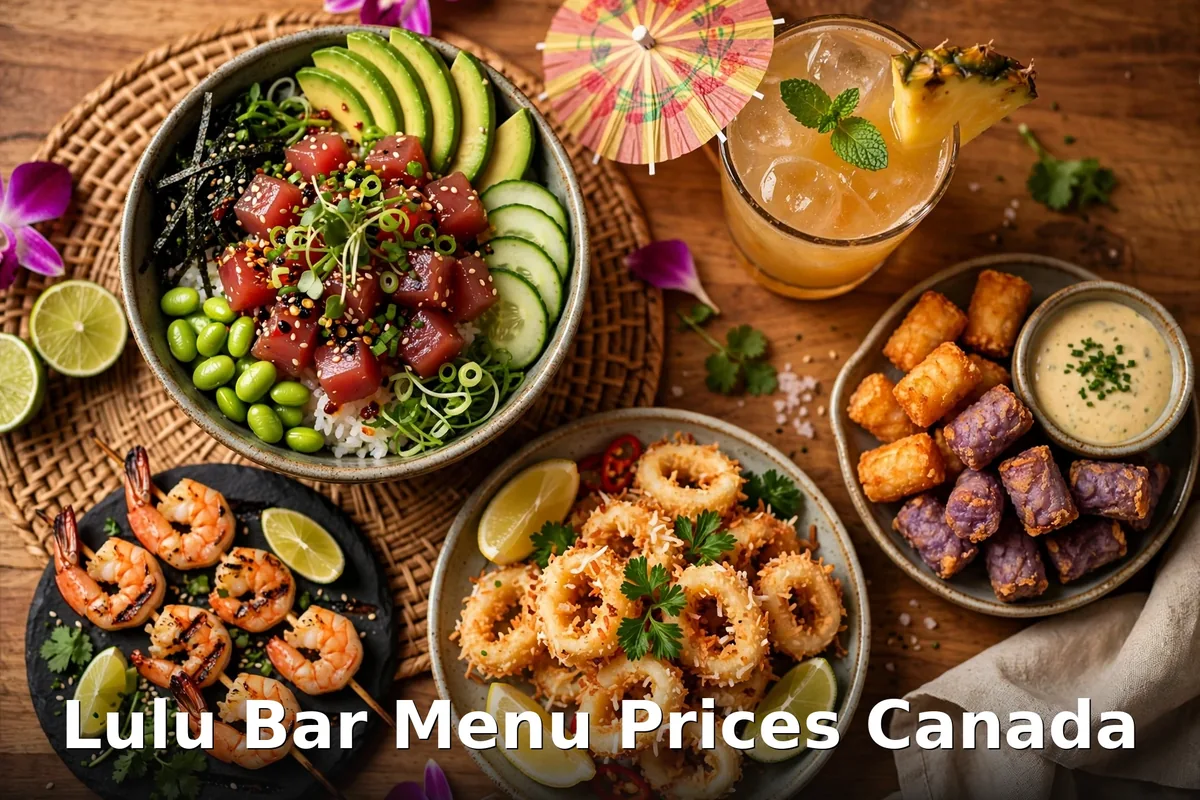 Lulu Bar menu prices Canada 2026 featured: AI-generated Pacific Rim tiki food spread with PIL keyword overlay