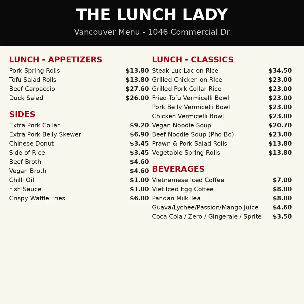 The Lunch Lady official menu card showing Vietnamese dish prices in CAD, lunch lady menu prices canada