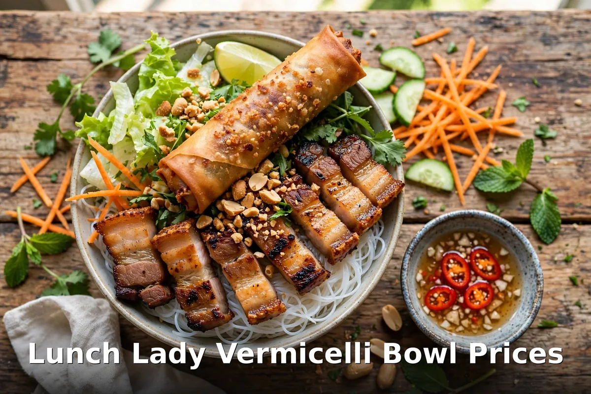 Steaming bowl of pho bo Vietnamese beef noodle soup with herbs, lunch lady menu prices canada