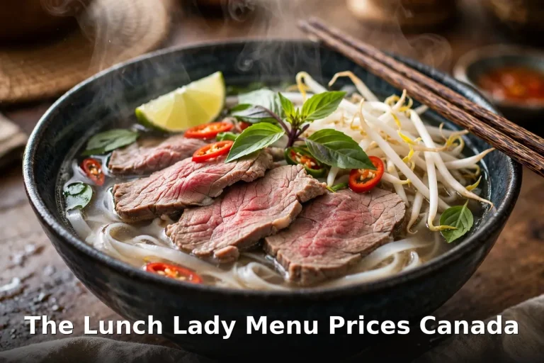 Steaming bowl of pho bo Vietnamese beef noodle soup with herbs, lunch lady menu prices canada 2026
