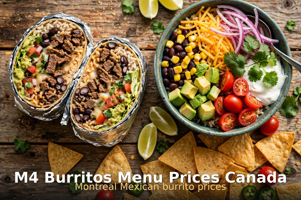 Foil-wrapped M4 burritos and a burrito bowl on a rustic table with chips and lime, M4 Burritos menu prices Canada 2026