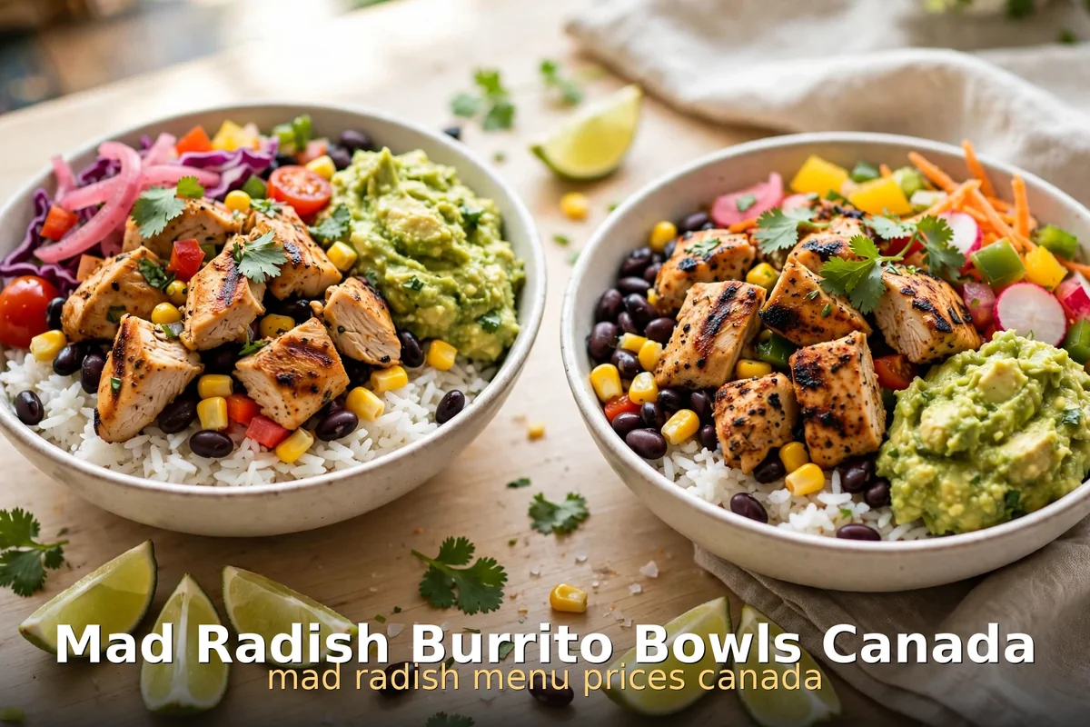 Mad Radish burrito bowls with grilled chicken, black beans and guacamole, mad radish burrito bowl prices