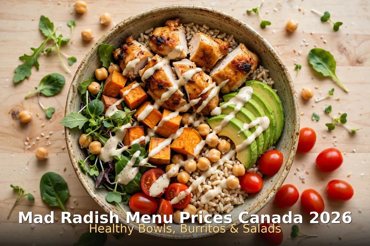 Mad Radish menu prices Canada 2026: healthy chicken grain bowl