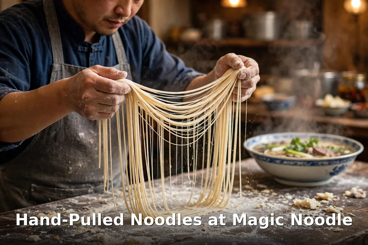 Chef hand-pulling Lanzhou-style noodles at Magic Noodle, hand pulled noodle prices magic noodle toronto