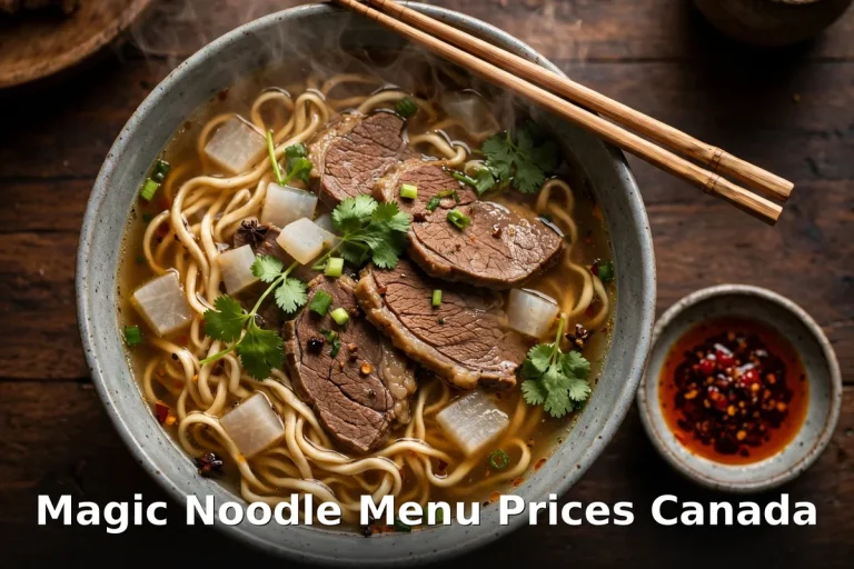 Magic Noodle menu prices Canada 2026: steaming Lanzhou beef noodle soup bowl with hand-pulled noodles and chili oil