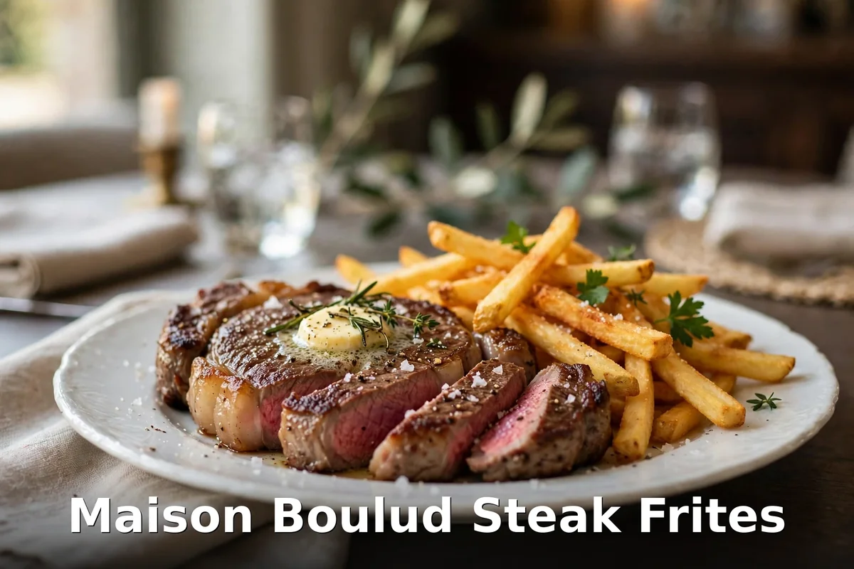 AI-generated steak frites style dish with PIL keyword overlay, Maison Boulud menu prices Canada