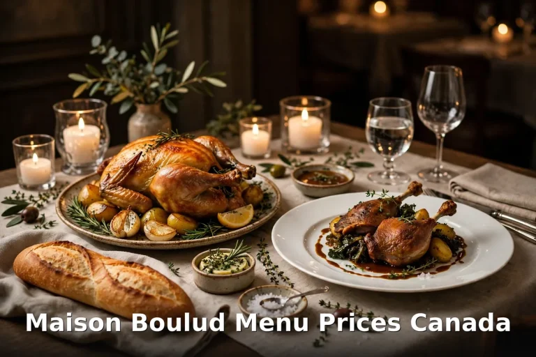 Maison Boulud menu prices Canada 2026 featured: AI-generated French fine-dining table spread with PIL keyword overlay